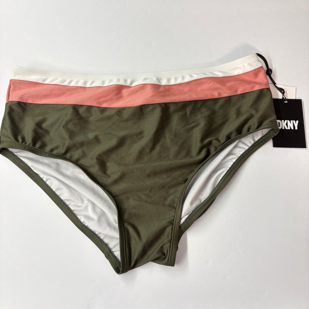 NWT DKNY Women Bikini Bottom XL Olive Green Colorblock High Waist Swimwear Pool